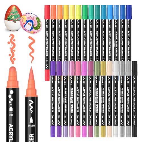 Shuttle Art 28 Colors Brush & Dot Tip Acrylic Paint Markers | Brush and dot tips for rock, wood, canvas, glass, ceramic. Great for crafts, cards, calligraphy. Quick-dry vivid colors. - color: 28 Colors Dot Tip & Brush Tip, size: 1 Count (Pack of 28)