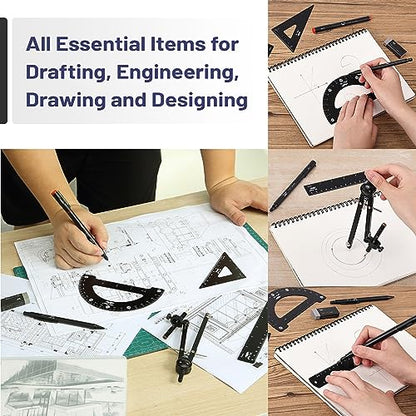 Mr. Pen- Professional Geometry Set, 15 pcs, Drafting Tools with Protractor | Compass, Metal Ruler, Triangles, Pens & Pencils, Complete Geometry & Drafting Kit for Architects, Engineers & Students - color: Black