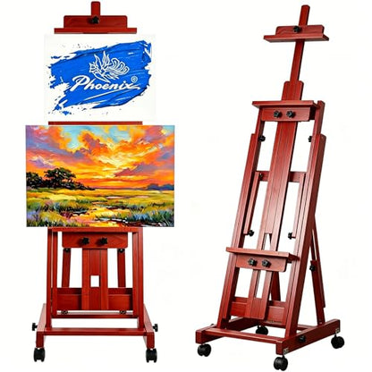 PHOENIX Versatile Studio H-Frame Easel - Solid Beech Wood with Locking Casters, Adjustable Angle & Height, Heavy Duty Canvas Holder with Storage Tray for Professional Artists - Dark Walnut