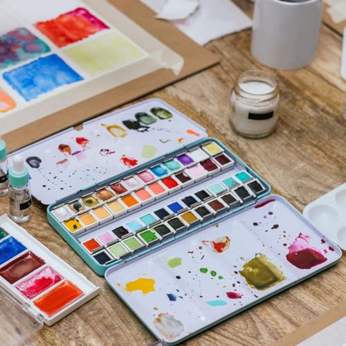 PATIKIL Empty Watercolor Palette, Metal Watercolor Tin with 14pcs Full Pans Paint Case with Lid Paint Box for Travel Gouache Oil Painting, Blue 14 Wells - color: Blue, style: 14 Wells