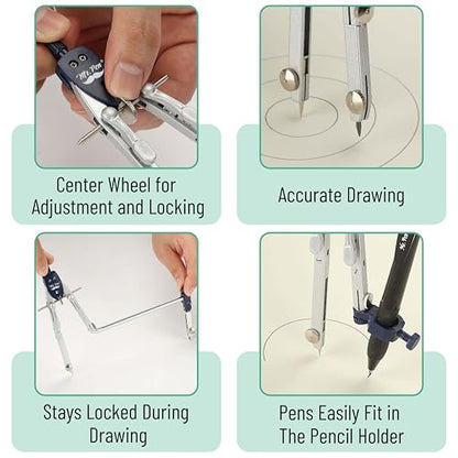 Mr. Pen- Professional Metal Compass Set, 7 pcs | Precision Drafting Compass with Extension Leg, Pencil Holder, Extra Lead & Needles, Geometry Tool for Drawing Circles, Math - style: Compass with Wheel and Lock