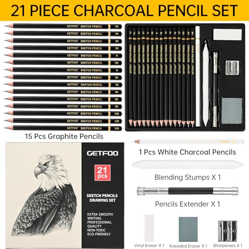 21pc Drawing Sketching Pencil Set Graphite 14B-5H & Charcoal Pencils