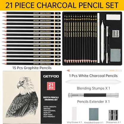 21pc Drawing Sketching Pencil Set Graphite 14B-5H & Charcoal Pencils