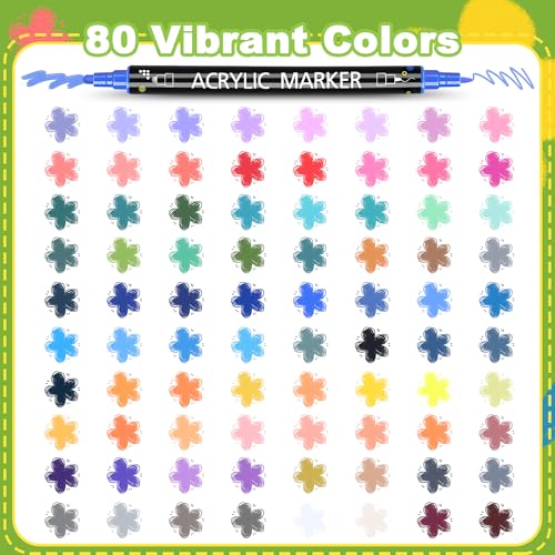 80 Colors Dual Tip Acrylic Paint Markers, Fine Tip and Dot Tip Paint Pens for Rock Painting, Acrylic Paint Markers for Wood, Glass, Ceramic, Fabric, Metal, Plastic, Paper, Canvas, DIY Art Supplies - color: 80 Colors