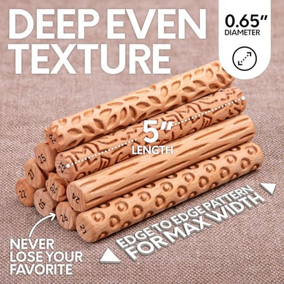 Byllstore Clay Texture Rollers | 10-Pack | 5 in x 0.65 in | Premium Wooden Pottery Tools | Set C - color: 10-Pack | 5" x 0.65" | SET C