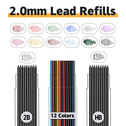 MyLifeUNIT 22 Pcs 2.0 mm Mechanical Pencils Set, 8 Pcs Lead Pencils with 10 Case Lead Refills 2B, HB Black & Colors, 2 Pcs Erasers and 2 Pcs Sharpeners for Drawing, Sketching and Drafting - color: Multicolor