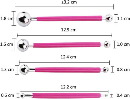 4PCS Double-Ended Metal Ceramic Clay Ball Stylus Dotting Tools and 5PCS 2 Way Silicone Polymer and Embossing Paper Flower Indentation Tool for Drawing - color: pink