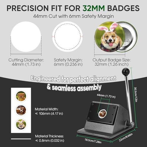 1.73''/44mm Button Paper Cutter for Making 1.26''/32mm Badges | Round Metal Graphic Die Cutter for DIY Badges Crafts Keychains Cardstock Photo Paper - size: 44mm Graphic Cutter