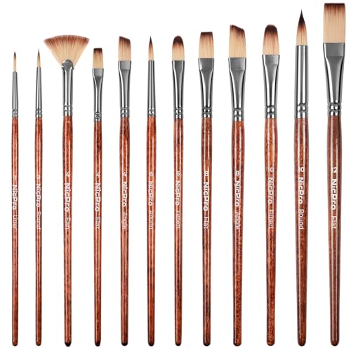 Nicpro 12pcs Paint Brush Set,Craft Paint Brushes for Acrylic & Oil Painting | Painting Brushes Kit with Flat Fan Round Angle Filbert for Watercolor Acrylic Gouache, Art Supplies for Artists and Beginners - color: Reddish Brown