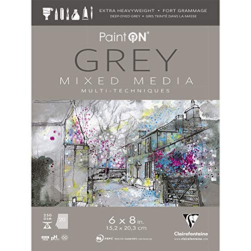Clairefontaine - Ref 975486C - Paint'ON Mixed Media Grey Glued Pad (20 Detachable Sheets) - 15.2 x 20.3cm (6 x 8in), 250gsm Heavyweight Paper (USA Version) - color: Grey, size: 6 x 8 inches
