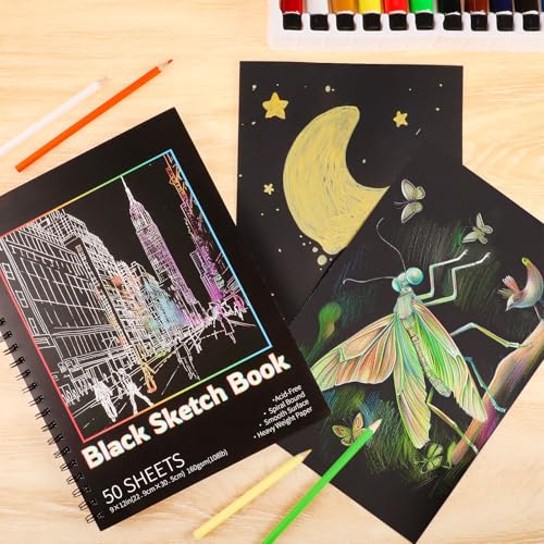 Black Paper Sketchbook 2 Pack, 9 × 12 in, 100 Sheets, 160gsm Spiral Bound | Acid-Free 108 Lb Black Paper, Left Spiral Tear-Out Pages, Hardcover for Drawing, Chalk, Gel Pens And Mixed Media - size: 9×12 Inch (2 Pack )