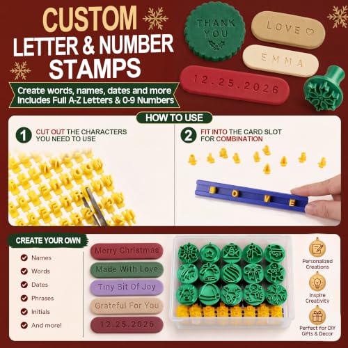 30 Pcs Christmas Pattern Clay Modeling Stamp Set with 72-Character Letter Stamps and Storage Box, Christmas Pattern Stamps for Polymer/Ceramic Clay, Pottery Craft, Cookie and Jewelry Making - style: Christmas