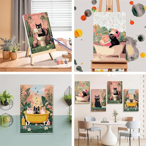 4 Pack Cat Paint by Numbers for Adults with Framed Canvas - Wooden Easel - color: BKH2309+BKH2310+BKH2311+BKH2312