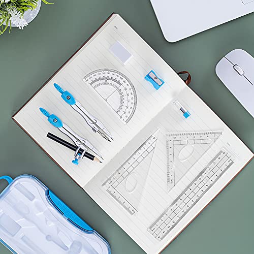 Math Geometry Kit Set 10 Pieces with Shatterproof Storage Box, Student Supplies Drawing Compass Includes Protractor, Rulers, Compass, Pencil Sharpener, Lead Refills, Pencil, Eraser(Blue)
