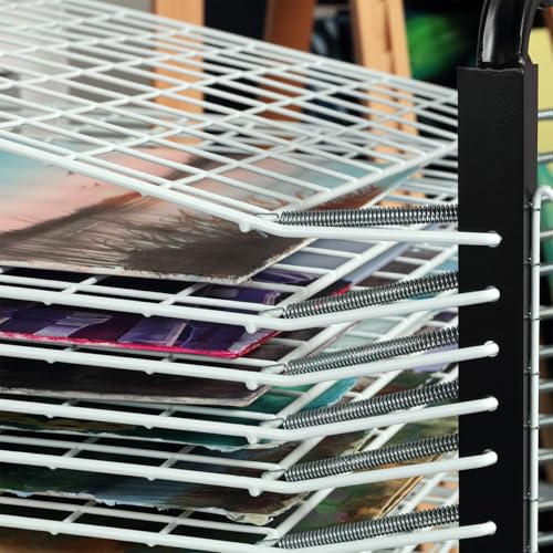 Creative Mark Stack N Dry Floor Art Drying Rack, Mobile Art Rack Stand on Wheels with 20 Coated Metal Spring-Loaded Shelves, for Watercolor, Prints, Paper and Canvas Storage