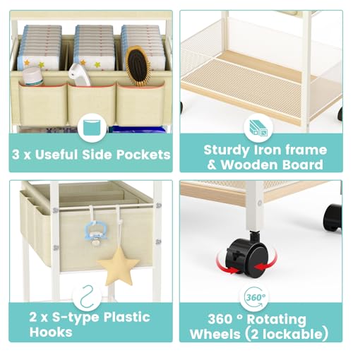 2In1 Baby Diaper Caddy & 3-Tier Rolling Cart, Diaper Caddy Organizer Carts with Dividers, Mobile Metal Utility Cart for Nursery Essentials, Detachable Bedside Cart, Large Capacity, White - color: Off White