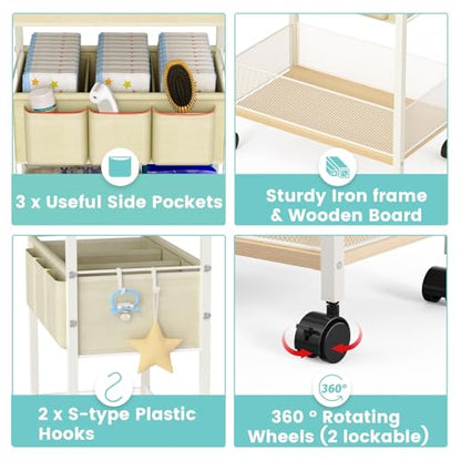 2In1 Baby Diaper Caddy & 3-Tier Rolling Cart, Diaper Caddy Organizer Carts with Dividers, Mobile Metal Utility Cart for Nursery Essentials, Detachable Bedside Cart, Large Capacity, White - color: Off White