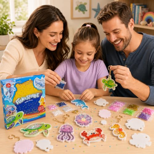 DIY Glitter Craft Kit with Keychains - Mess-Free Arts and Crafts for Kids Ages 4-8, Fun Shake-It Activity, Creative Travel Toys, Party Favors & Birthday Gifts for Girls 4-9 - color: Blue