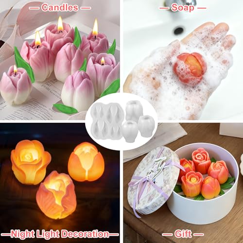 Tulip Candle Molds with Leaf Mold, 3D Tulip Flower Candle Molds - color: 4 PCS Tulip Candle Molds with Leaf Mold