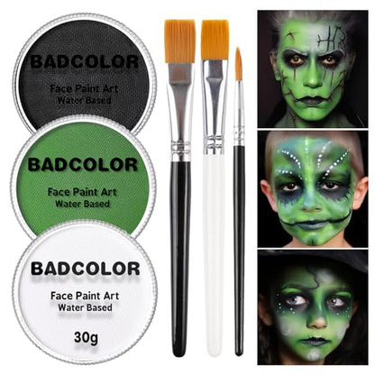 White Black Green Face Body Paint with Painting Brushes Halloween Makeup Set, Water Based Facepaint for Kids Adults Party for Witch Shrek Alien Grinch Hulk Costume Cosplay Special Effects Make Up - color: Black+White+Green+3Pcs Brushes