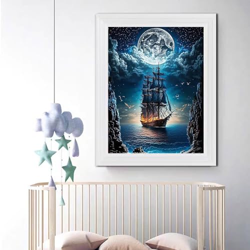 NEGHER 5D Landscape Diamond Painting Kits for Adults Beginner, DIY Steamship Moon, Full Round Drill Religious Gem Art Kits, Home Wall Decor 12x16 inch | 5D DIY Diamond Art Steamship Moon, Full Round Drill Religious Gem Art Kits, Home Wall Decor Landscape