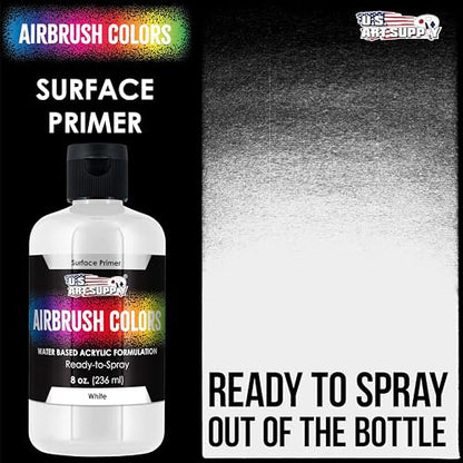U.S. Art Supply White Surface Primer Airbrush Paint, 8 oz - Acrylic Primer Paint, Ready-To-Spray, Water-Based Acrylic Polyurethane for Miniatures, Models, Plastic, Metal, Wood, Canvas, 3D Prints - color: White