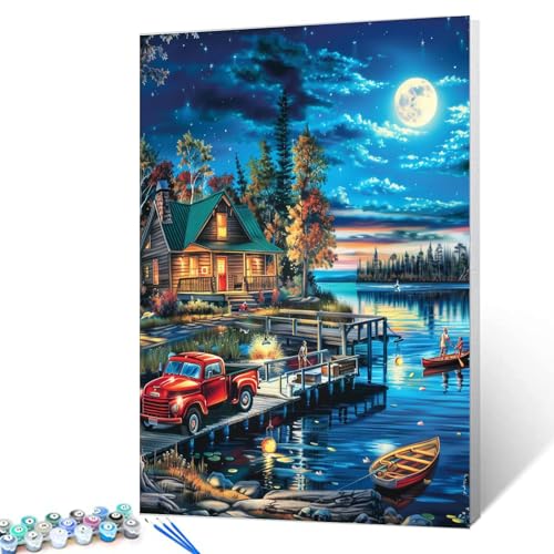 Paint by Number Lake Night Scenery Cabin Landscape DIY Painting On Canvas with Brushes Acrylic Paints Lakeside Nature Landscape Paint by Numbers for Adults Students Beginner 16x20 Inch（without Frame） - color: Nature Scenery 01, size: 16''x20''(Frameless)