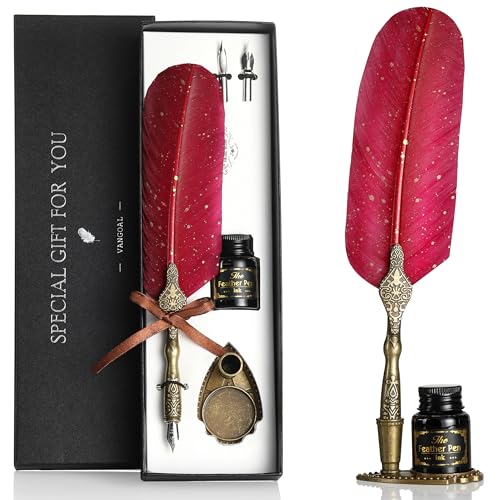 VANGOAL Vintage Carving Feather Pen Set, Glittering Quill Pen Set Antique Calligraphy Writing Dip Pen with Ink, 2 Replacement Nibs, Pen Stand Base, Luxury Vintage Signature Pen (Red) - color: Red