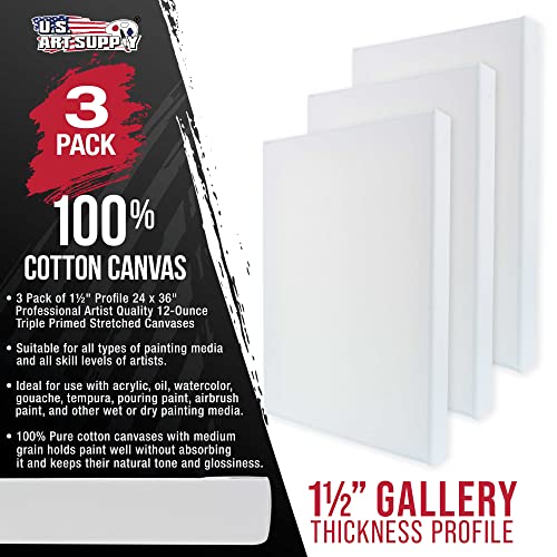 U.S. Art Supply X-Large Stretched Canvas for Painting 24x36 inch Gallery Depth 1-1/2" Thick, 3-Pack - 12oz Acrylic Gesso Triple Primed, Professional Artist Quality, 100% Cotton - Oil, Pouring Paint