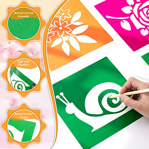 Henoyso 24 Pcs Summer Flower Stencil for Kids 8 Inch Reusable Templates | Plastic, Drawing Painting Templates, Large, Garden, Spring, Butterfly, Pink, Wood Paper Scrapbook, Wedding DIY Art Crafts - style: Flower Style