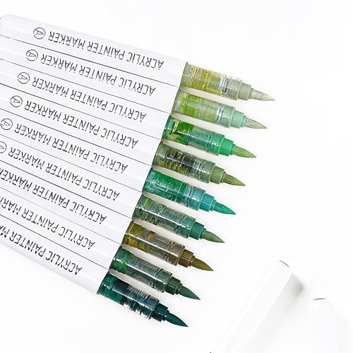 Acrylic Paint Markers,Solid Color Series 9 pcs Acrylic Paint Pens Set Brush Tip Acrylic Paint Pens for Artists Adults,for Rock Painting, Ceramic Mugs,Eggs,Canvas DIY Crafts(Bright Green) - color: Bright Green