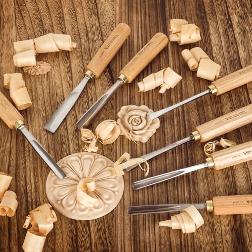 7-Piece Wood Carving Chisel Tools Set, Sharp CR-V Steel Blades | Precision woodworking tool kit with ash handles & canvas bag. Razor sharp 60CR-V blades for beginners and professionals - size: 7-Piece with Ash Handle