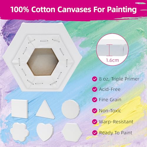 24-Pack 10cm (4") Mini Canvas for Kids, 100% Cotton Acid-Free Stretched Canvases with Easel for Painting, 5/8 Inch Profile 8 Ounce Shaped Canvas for Acrylics,Oils Paints, Perfect for Painting Party