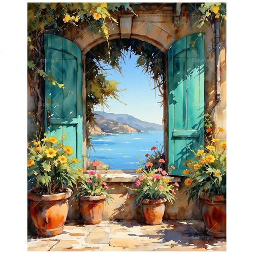 Mediterranean Paint by Numbers Kit for Adults - DIY Seaside View Through Window Painting on Canvas, Acrylic Paint Set, Suitable for Beginners, Art for Home Decoration or Gifts(8X12IN Framed) - color: HSX02508, size: 8X12IN Framed