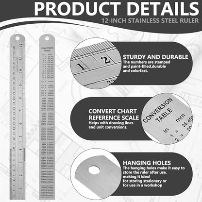 2-Piece Architectural Scale Ruler Set, 12-Inch Laser-Etched Aluminum Triangular Scale + Stainless Steel Straight Ruler, Inch/mm Conversion for Drafting, Blueprint Reading and Technical Drawing