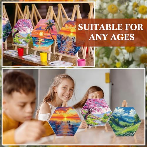Watersay 12 Set Kids Pre Drawn Canvas for Painting Kit 12 Pcs 6" x 6" Landscape Printed Pre Drawn Canvas, Easels, Palette, Paint Pot, 24 Brushes Kid Paint Party Favor for DIY Classroom Craft Activity - style: Landscape