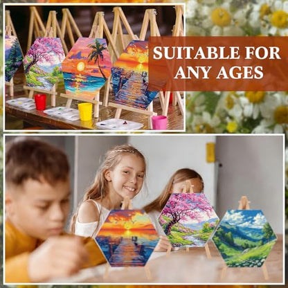 Watersay 12 Set Kids Pre Drawn Canvas for Painting Kit 12 Pcs 6" x 6" Landscape Printed Pre Drawn Canvas, Easels, Palette, Paint Pot, 24 Brushes Kid Paint Party Favor for DIY Classroom Craft Activity - style: Landscape