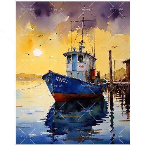 Seascape Paint by Numbers Kit for Adults - DIY Fishing Boat at Sunset Dock Painting on Canvas 16x20In, Acrylic Paint Set, Suitable for Beginners, Art for Home Decoration or Gifts - color: HSX01565, size: 16X20IN Folded