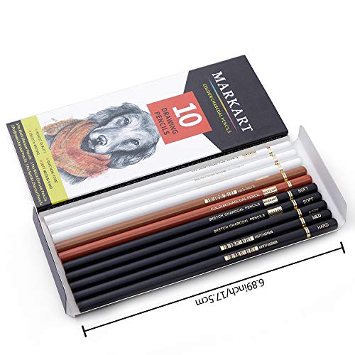 MARKART 10 Pack Professional Charcoal Pencils for Drawing | Black & White Charcoal Pencils for Sketching, Shading, Blending, Portrait, Pastel Chalk Pencils for Beginners & Artists