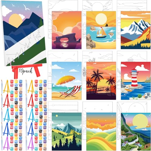 Blosssound 10 Set Pre Printed Canvas Pre Drawn Canvas Painting with Easel Kits 5" x 7" Outline Painting Panels for Beginners, DIY Craft Project, Home Decors(Summer) - style: Summer