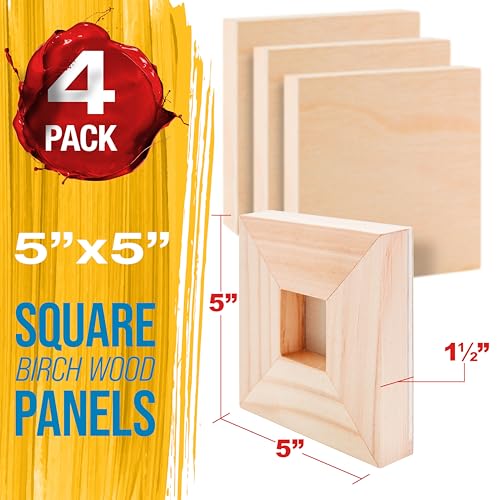 U.S. Art Supply 5" x 5" Unfinished Cradled Wood Panels for Painting, Gallery 1-1/2" Deep (4 Pack) - Artist Depth Wooden Wall Canvases - Mixed-Media Craft, Acrylic, Oil, Encaustic, Paint Pouring - size: 5" x 5", style: Square