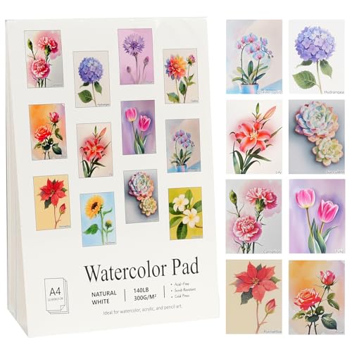 RGBMIX 12 Sheets Flower Watercolor Paper Book 9x12'' Watercoloring Paper Pad Arts 100% Cotton Water Coloring Pad Paint Stress-Relief Painting Art Painting Supplies Ideal for Beginners - color: FLOWERS