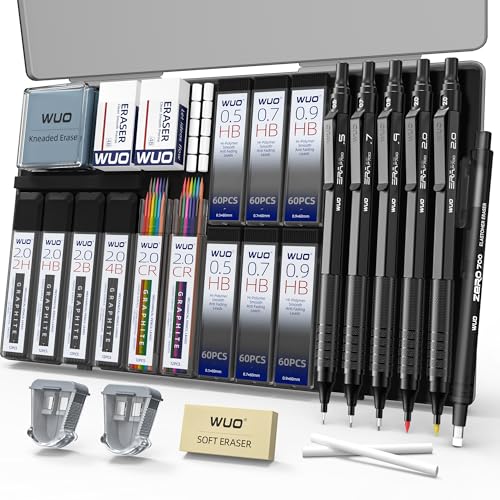WUO Mechanical Pencil Set, 5 Pack Drafting Pencils 0.5/0.7/0.9/2.0/2.0mm | Mechanical drawing pencils, 432 lead refills, erasers/sharpeners for drafting, technical drawing, sketching, writing & art - color: Black, size: 0.5/0.7/0.9/2.0