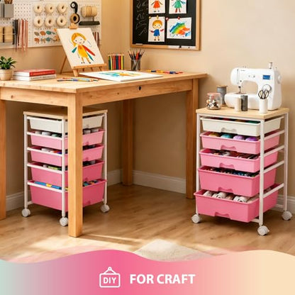 Goovilla Rolling Cart with 5 Drawers for Craft, Art, Dorm, Office, Pink - size: Pink
