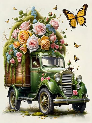 WUSARPLY Green Truck Diamond Painting Kits for Beginner Adults | Flower Diamond Art Kits Full Drill Diamond Dots Paint with Diamonds Gem Arts and Crafts for Beginner Home Wall Decor - color: YH020