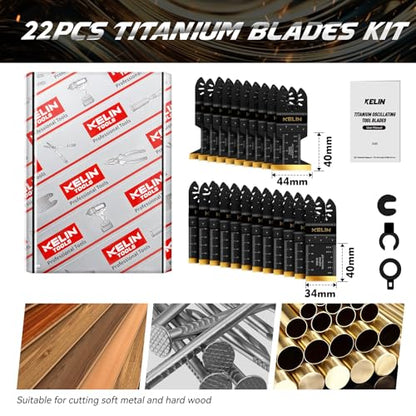 KELIN 22pcs Titanium Oscillating Tool Blades, Universal Multitool Blades | Oscillating Saw Blade for Metal Wood Detail Cutting,Standard Size,Multitool Wood Blades For Bosch Fein Milwaukee Ryobi Dewalt - size: 22 PCS (New Package)