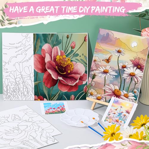 Tenceur 16 Sets Pre Drawn Canvas to Paint for Sip and Paint Party, 8 x 10 Inch Preprinted Framed Pre Sketched Coloring Canvas with Easels and Brushes for Adults Party Supplies(Flower) - style: Flower