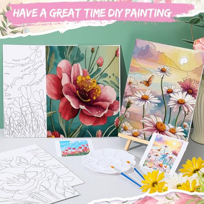 Tenceur 16 Sets Pre Drawn Canvas to Paint for Sip and Paint Party, 8 x 10 Inch Preprinted Framed Pre Sketched Coloring Canvas with Easels and Brushes for Adults Party Supplies(Flower) - style: Flower