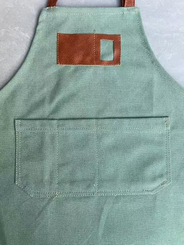 Canvas Aprons for Kids, Childrens Aprons with 4 Pockets and Card Slot Pocket for Painting Crafting Kitchen - color: Light Green