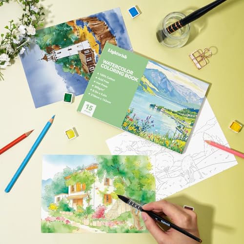 Lightwish Watercolor Coloring Book for Adults & Beginners,100% Cotton 300gsm/140lb Acid-Free Hot Press Paper, 8.3 x 5.6 Inches,15 Sheets,Landscape-Themed - color: Landscape-Themed